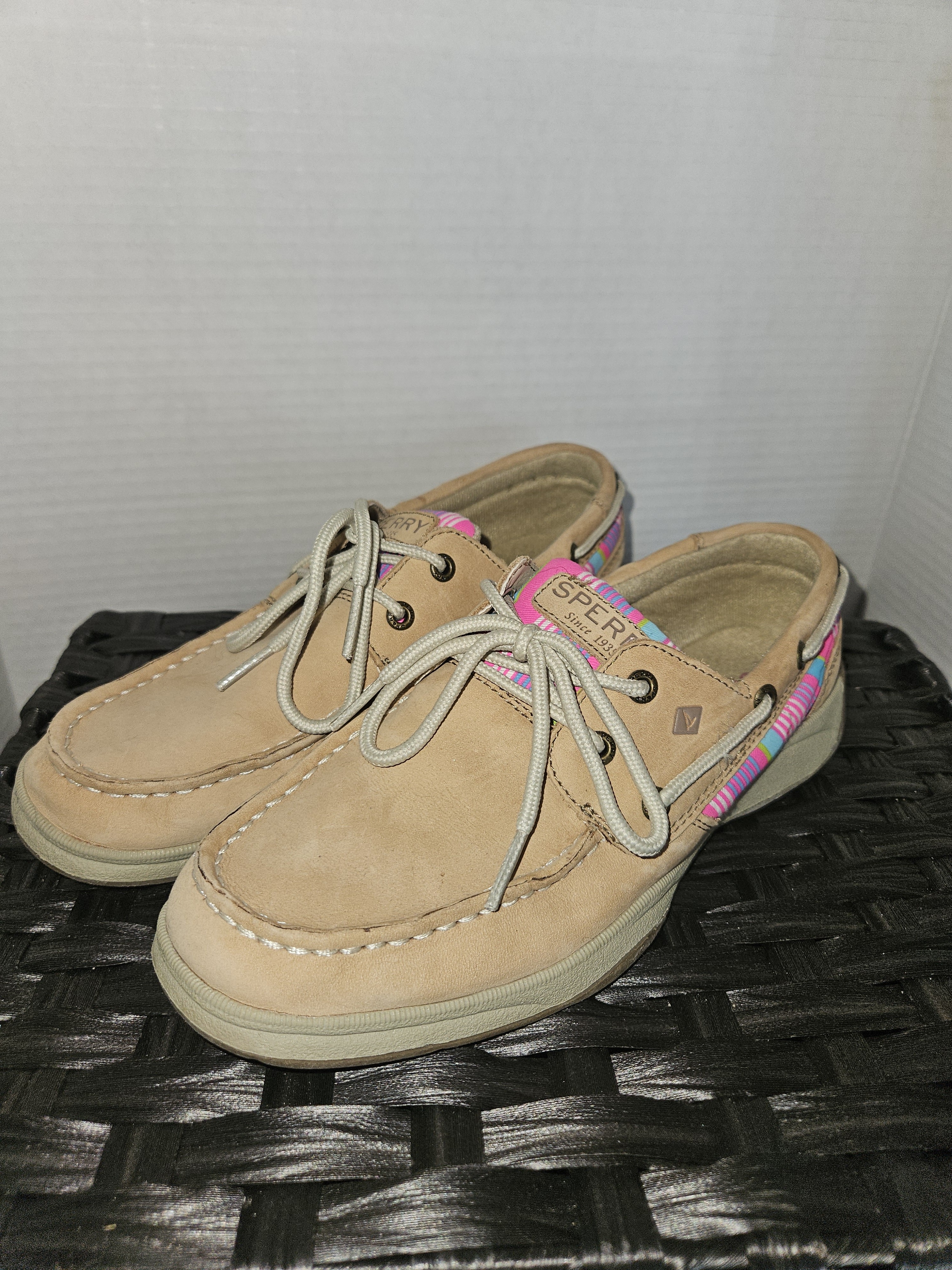 Sperry Tan Kids Boat Shoes With Pink And Teal Trim